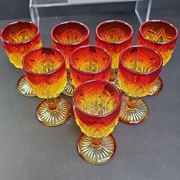 8pc Set Cadmium Amberina Cordial MCM Vintage Water Wine Glasses Rare WOW! - Picture 3 of 16